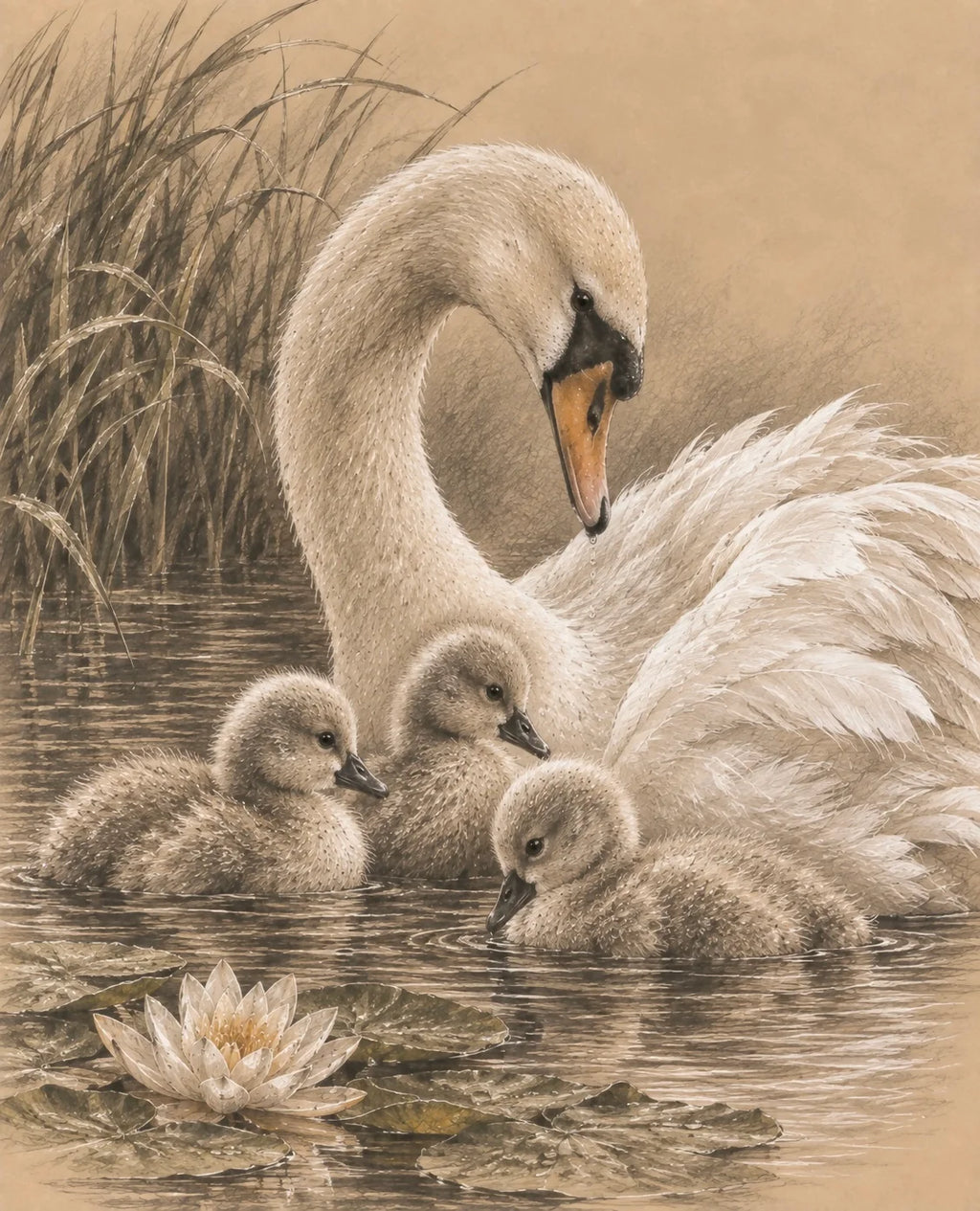Swan and Cygnets Greeting Card - Sepia Wildlife Card - Mother and Babies Nature Card - Nature in Sepia - Single Card or Pack of 5
