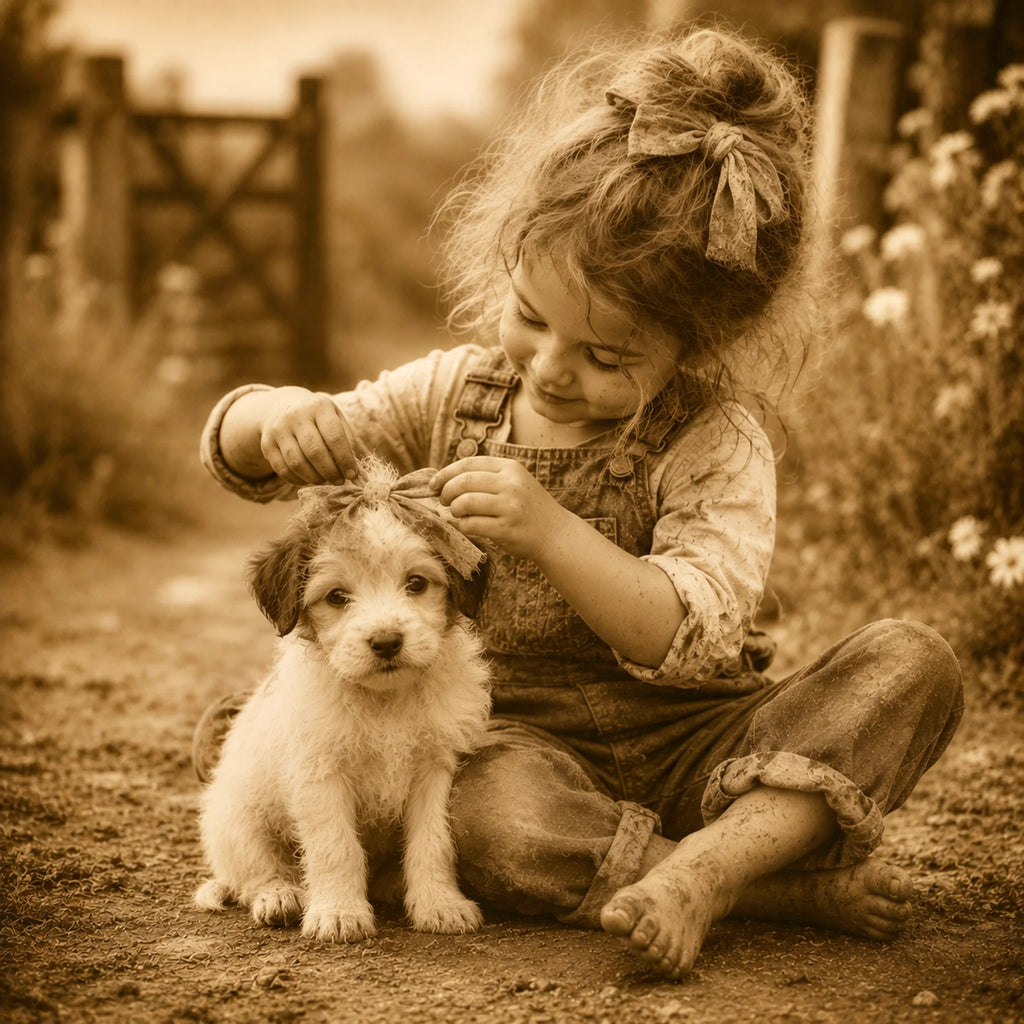Childhood Friends - Matching Bows Girl and Puppy Greeting Card - Nostalgic Sepia Dog Lover Card
