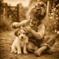 Childhood Friends - Matching Bows Girl and Puppy Greeting Card - Nostalgic Sepia Dog Lover Card